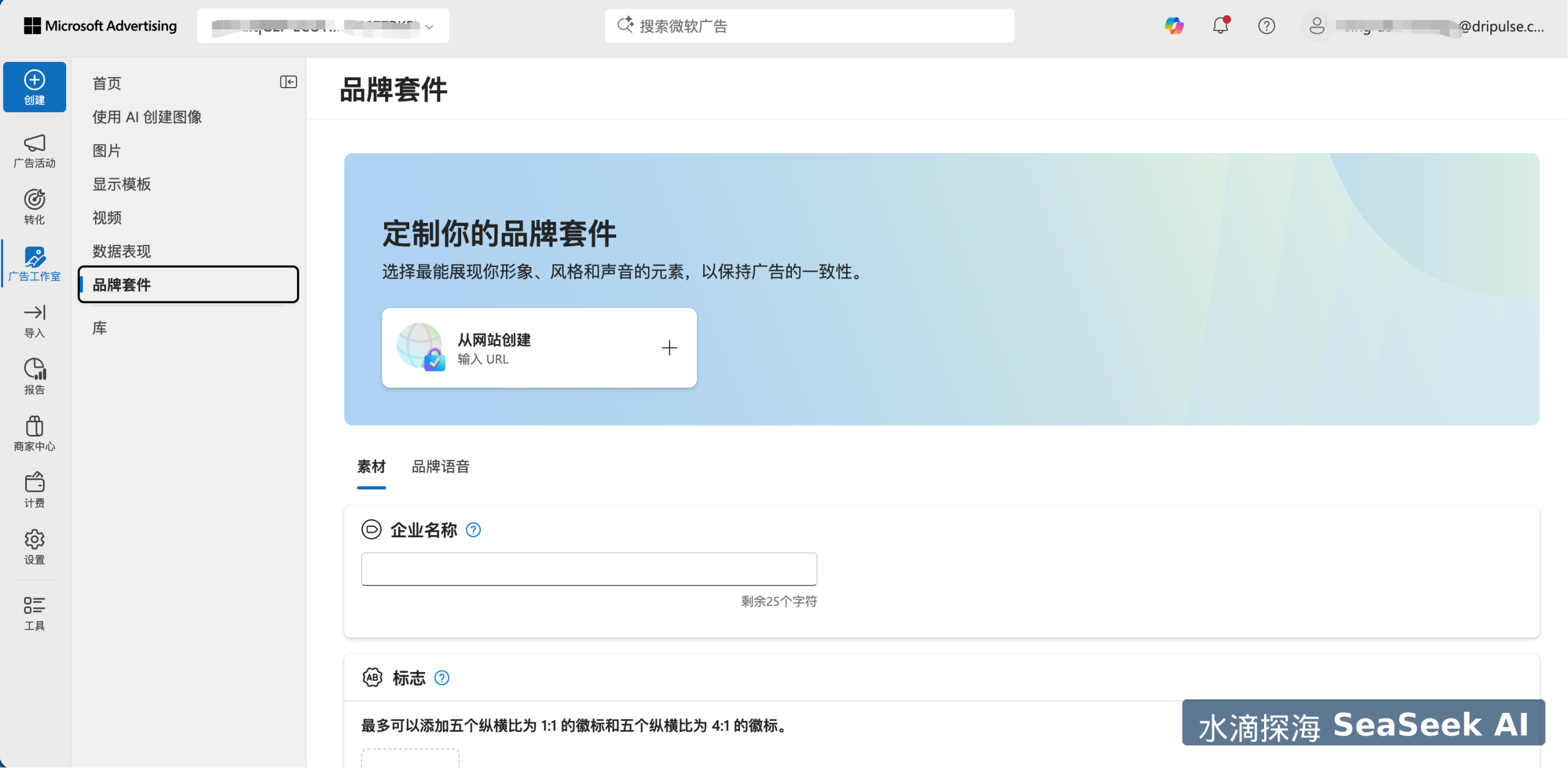 Microsoft Advertising 品牌套件设置界面