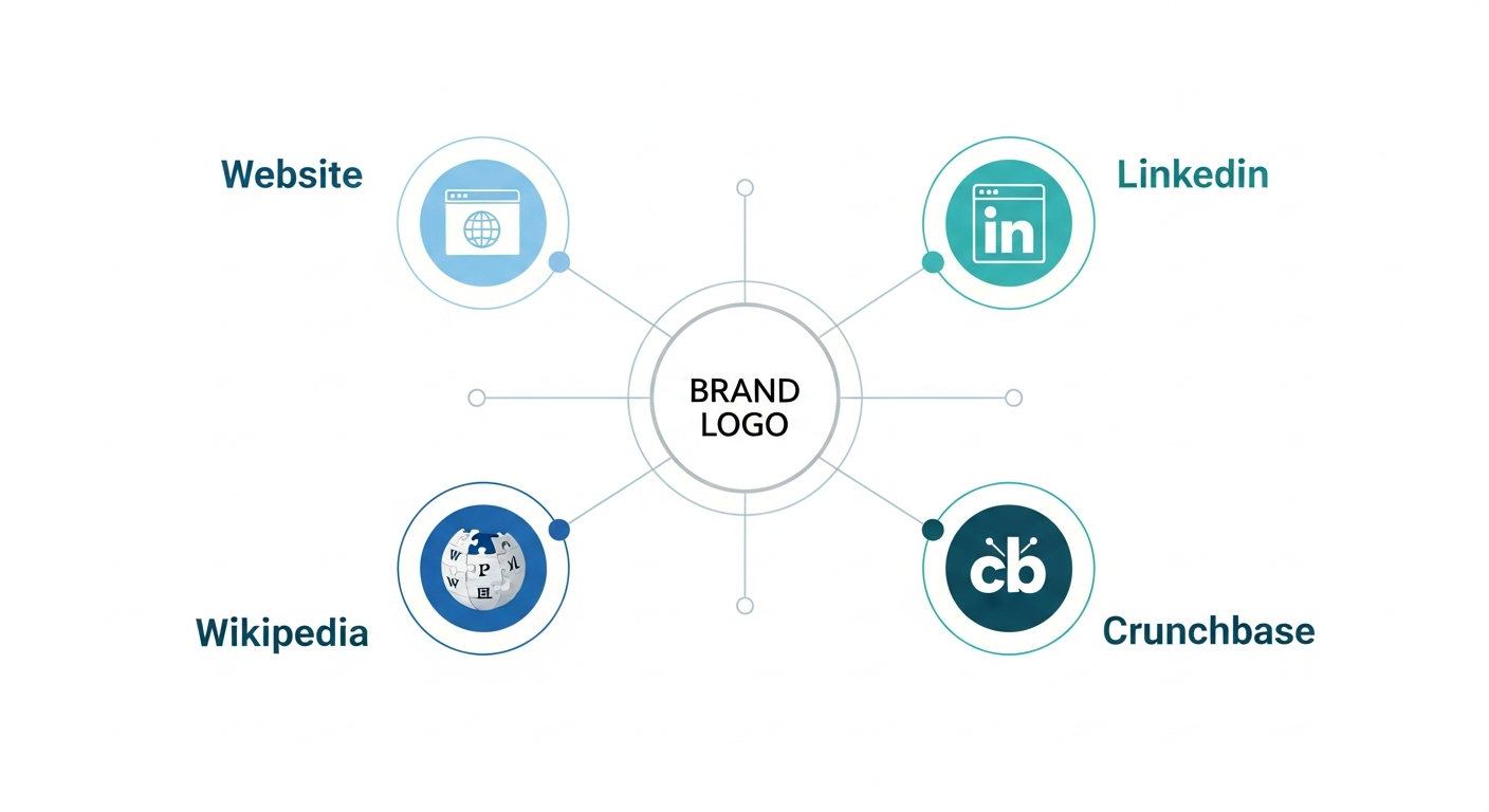 GEO 品牌知识锚点示意图：官网、Wikipedia、LinkedIn、Crunchbase 多平台一致性布局