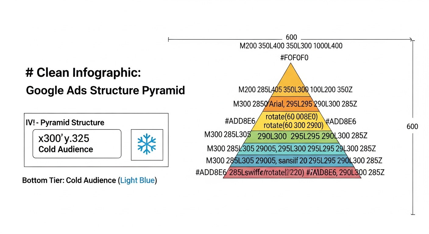 Google Ads 广告账户结构示意图，展示冷启动、高意图、再营销三层拆分逻辑