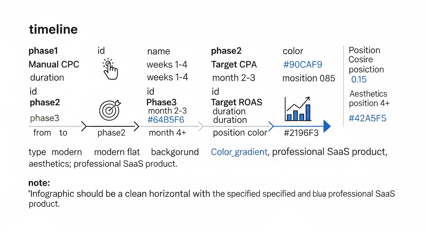 Google Ads 出价策略三阶段切换时间轴：手动CPC到目标CPA再到目标ROAS
