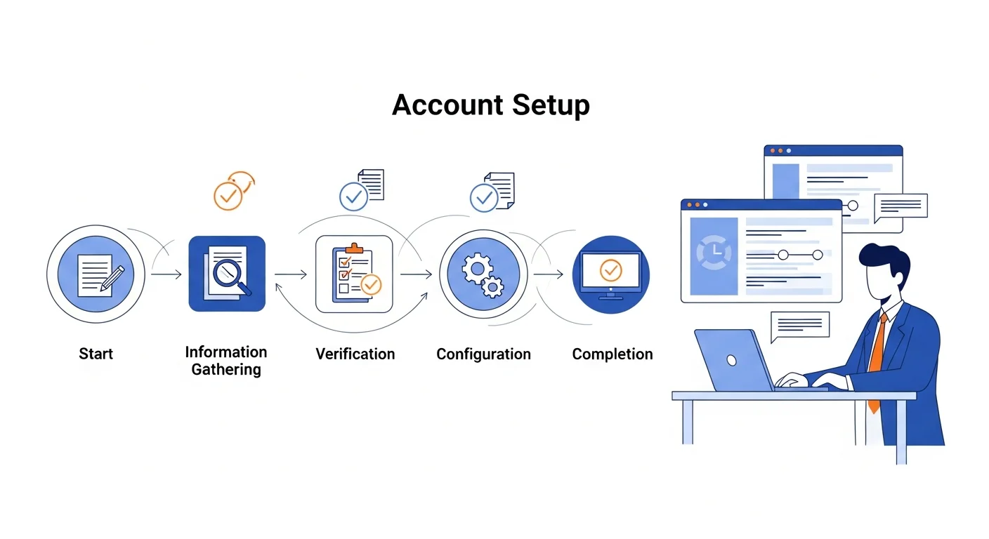 必应广告代投账户搭建流程示意图，展示从开户到优化的完整步骤