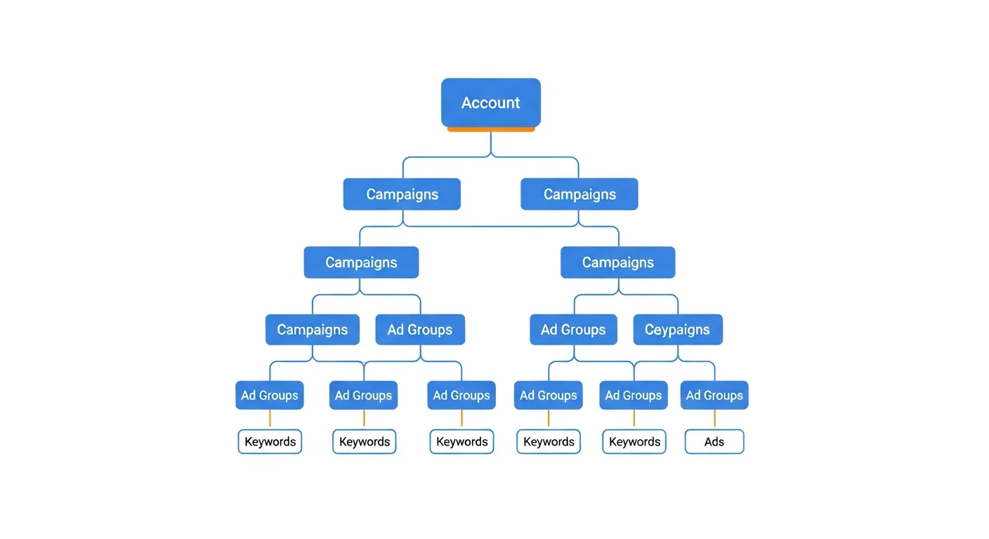 Google Ads账户结构搭建示意图：品牌词、产品词、竞品词分层